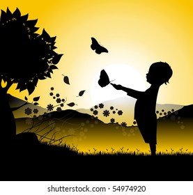 Silhouette of a baby with butterflies with a sunset or sunrise