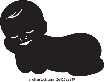 Silhouette of a baby crawling with eyes closed in black and white vector illustration