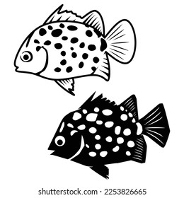 silhouette baby fish vector set isolated on white. fish, animal, sea, ocean, seafood, coral fish, food, aquarium, black, white, simple, polkadot, vector illustration.