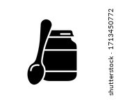 Silhouette of baby food jar with lid and spoon. Outline icon of canned food, jam, peanut butter, puree. Black illustration of ready mash in glass bottle. Flat isolated vector emblem, white background