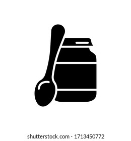 Silhouette of baby food jar with lid and spoon. Outline icon of canned food, jam, peanut butter, puree. Black illustration of ready mash in glass bottle. Flat isolated vector emblem, white background