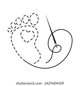 Silhouette of baby foot and heart with interrupted contour. Vector illustration of handmade work with embroidery thread and sewing needle on white background.	