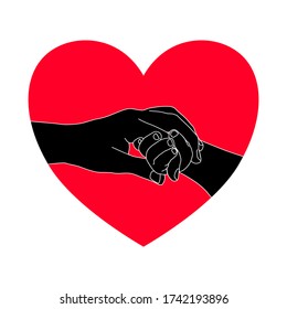 The silhouette of baby hand is gentle holding the finger of the mother with love and happy in the red heart shape. Family stay together. Holiday spending time. Love and Give concept.
