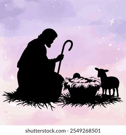 Silhouette of Baby Jesus, Shepherd, and Lamb Under a Starry Pastel Sky. A Serene Nativity Scene Symbolizing Faith, Christmas, and the Birth of Christ.