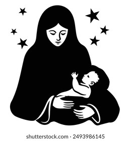 Silhouette baby Jesus vector art illustration.
