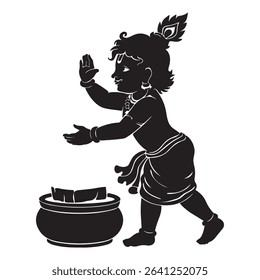 a silhouette of baby krishna reaching for a pot of butter. he is smiling and has a peacock feather in his hair, with jewelry. art design image.
