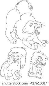 silhouette baby lion in different poses,cub lion cubs, coloring animals, sketches of animals cubs, freehand drawing, vector drawing black and white,mane, claws, cats
