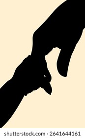 Silhouette of baby and mother holding hands concept design. Symbol of baby birth. Baby holding finger of mother. Vector illustration.