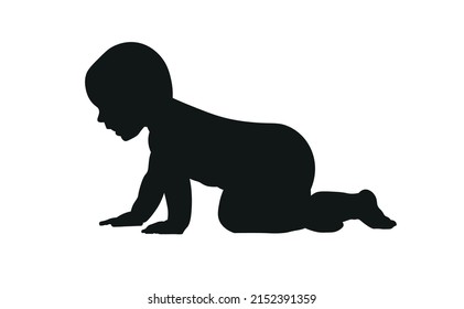 Silhouette of a baby in a pose that crawls, white background. Baby black. Vector illustration