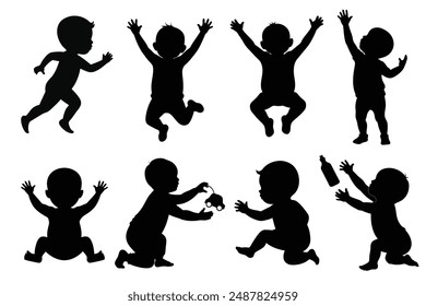 Silhouette of a baby in various poses such as sitting, standing, crawling, dancing, running, and playing, isolated on a white background.