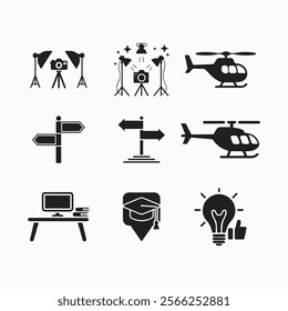 Silhouette back to school icons set of camara, airplane, school of sign, cap, monitor, bulb