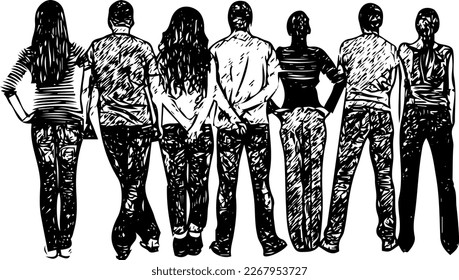 silueta de la vista de atrás de un grupo de personas de pie, bosquejo de dibujo de personas a la vista de atrás de la fila