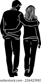 Silhouette of back view of love couple walking, line art vector illustration of Male and Female Characters Holding Hands Rear View., love couple monochrome drawing