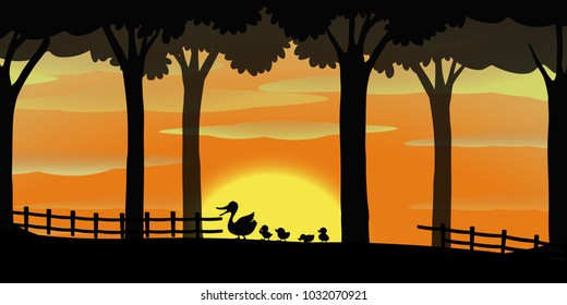 Silhouette background with ducks on the farm illustration