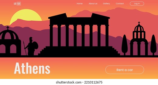 Silhouette Hintergrund von Griechenland, Athen Sonnenuntergang Berge Steigung Parthenon Akropolis Mythologie. Vorlage für die erste Bildschirmlandungsseite mit südlicher Landschaft. Vektorgrafik