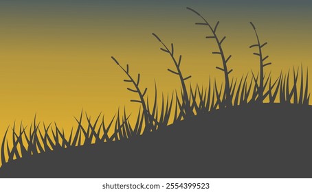 silhouette background illustration of grass and wild plants with sky at sunset, nature background concept