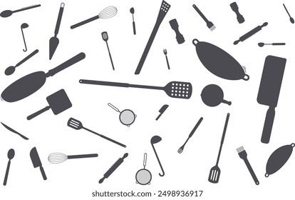 The silhouette background of the kitchen tools, eps 10, can be edited.