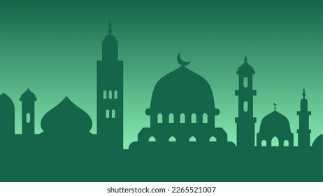 Silhouette background of mosque with shiny green sky for ramadan design graphic. Vector illustration of a bunch of mosques for ramadan celebration in muslim culture and islam religion