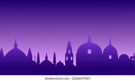 Silhouette background of mosque with shiny purple sky for ramadan design graphic. Vector illustration of a bunch of mosques for ramadan celebration in muslim culture and islam religion