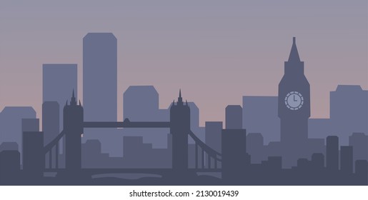 silhouette background resembling london city at night with big bang clock and london bridge. background with dark purple color