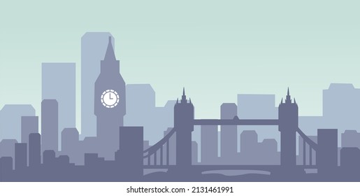 silhouette Hintergrund, wie London Stadt am Morgen mit großer Knall-Uhr und London-Brücke. Hintergrund mit hellblauer Farbe