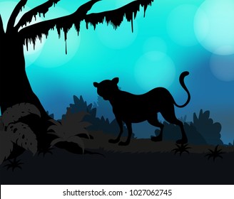 Silhouette background with tiger in forest illustration