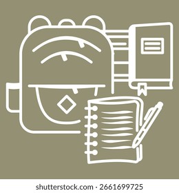 Silhouette of backpack, books, notebook and pen cut into a square — clean school-themed icon ideal for educational or academic visuals.