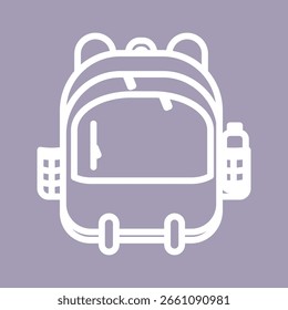 Silhouette eines Rucksacks mit Fächern, Flasche und Schlaufen, quadratisch auf violettem Hintergrund geschnitten - ideal für Reise- oder Getriebevisuals.