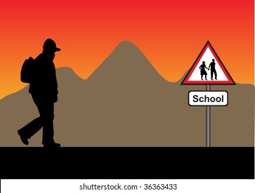 silhouette with backpack with a mountain and a school sign
