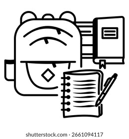 Silueta de mochila, cuaderno, bolígrafo y libro sobre fondo neutro: composición limpia del equipo escolar para educación o imágenes temáticas para estudiantes.