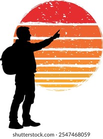 Silhouette of a Backpacked Traveler Pointing at Horizon, Perfect for Adventure, Exploration, and Modern Travel Concepts.