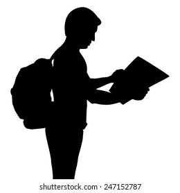 Silhouette of backpacker with map, vector format