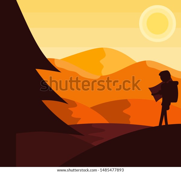 Silhouette Backpacker Read Map Flat Design Stock Vector Royalty