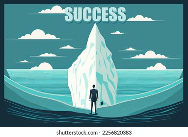 silhouette back-view of Businessman looking at the the ice mountain, the Tip of the iceberg. Business concept. Iceberg. Success business metaphor. vector flat style, text "success".