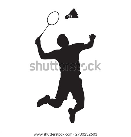 A silhouette of a badminton player leaps in the air, racket raised high, poised to strike the shuttlecock in a dynamic and athletic pose on a white background.