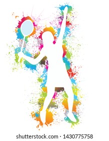 Silhouette of badminton player. Logo illustration background. Vector colorful paint, drops, ink splashes, Sport, Shuttlecock, Exercise.