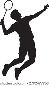 Silhouette of a badminton player in mid air swing