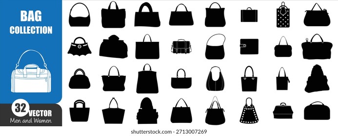 Conjunto de vetor de coleção de saco de silhueta - Moda Bolsa, Bolsa, Tote e Mochila Ícones