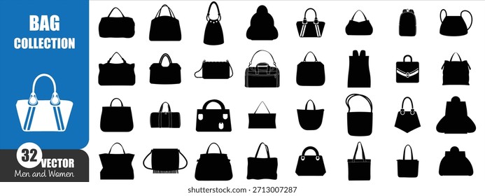 Conjunto de vetor de coleção de saco de silhueta - Moda Bolsa, Bolsa, Tote e Mochila Ícones