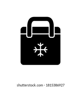 Silhouette Bag refrigerator. Outline icon of picnic cooler bag. Black simple illustration of plastic or textile thermobox with snowflake. Flat isolated vector pictogram on white background