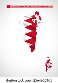 Silhouette of Bahrain map filled with the Bahraini flag design, symbolizing national pride, cultural identity, and geographic uniqueness.  
