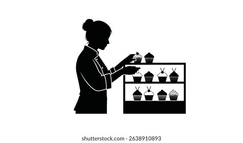 Silhouette: Baker Arranging Cupcakes in a Bakery Display Case