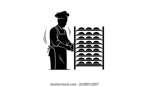 Silhouette: Baker Beside Rack with Trays of Rising Dough