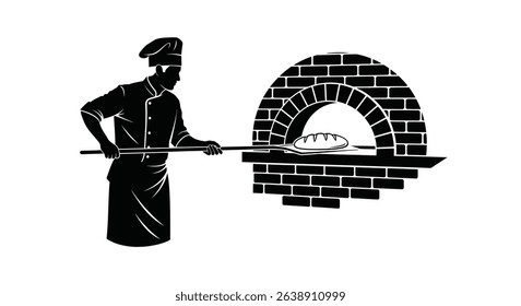 Silhouette: Baker Using Peel to Place Bread in Brick Oven