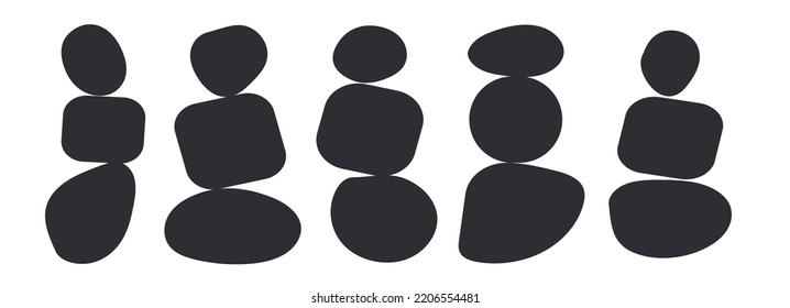 Silhouette Of Balance Pebble Stone Cairns Figure Vector Illustration. Circle Irregular Shape, Organic Round Form. Abstract Wellness Rock Tower. Simplicity Calm And Zen Of Cairn. Monochrome Black Stone