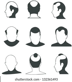 Silhouette bald heads man face and fashion hairstyle vector icon collection set (in various type and angle)