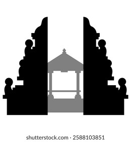 Silhouette of a Balinese gate with intricate design, suitable for travel brochures, tourism websites, cultural presentations, and inspirational designs.