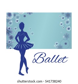 Silhouette of the ballerina against the background of blue flowers and soap bubbles. Vector illustration