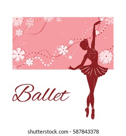 Silhouette of the ballerina against the pink background of beautiful patterns and flowers. Vector illustration