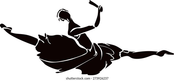 Silhouette ballerina black color on a white background. Woman dancing in black tights and a red skirt. Wearing Pointe shoes.